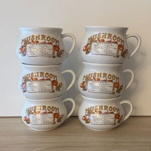 Vintage Mushroom Soup Recipe Cup Mug - Set of 6 - White and Brown